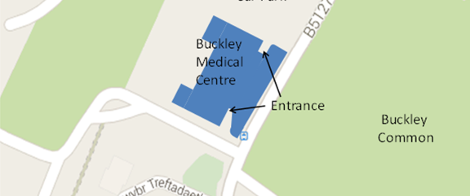 Image which shows where the patient entrances are to Buckley Medical Centre